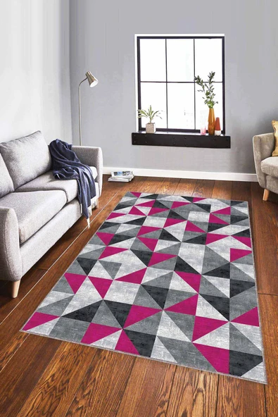 Fuşya Geometrik Kaymaz Taban Makinede Yıkanabilir Halı PR02 ürün görseli 1