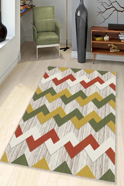 Yeşil Sarı Tarçın Zigzag Kaymaz Tabanlı Dekoratif Halı KN004 ürün görseli 1