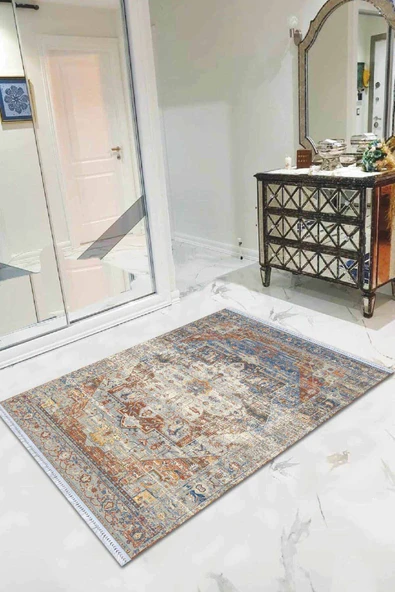 Mavi Vintage Dokuma Pamuk Tabanlı Kaymaz Kilim KLM332 ürün görseli 1