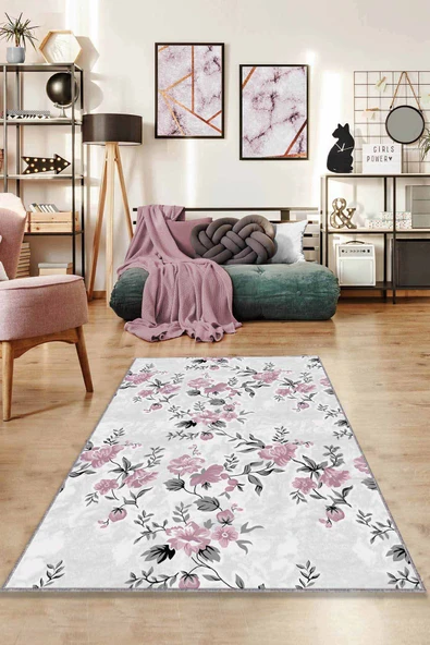 Pembe Çiçekli Kaymaz Tabanlı Makinede Yıkanabilir Halı BH007 ürün görseli 1