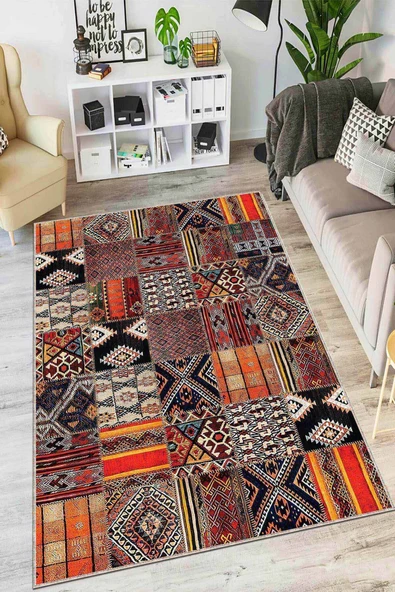 Turuncu Patchwork Kaymaz Tabanlı Dekoratif Halı AR750 ürün görseli 1
