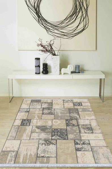 Toprak Patchwork Dokuma Pamuk Taban Kaymaz Kilim KLM290 ürün görseli 1