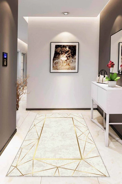 Krem Gold Çerçeveli Kaymaz Tabanlı Dekoratif Halı RV010 ürün görseli 1
