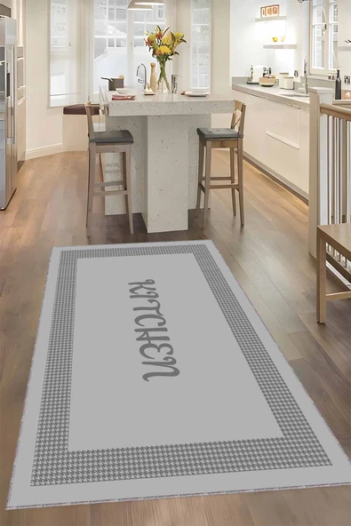 Gri Kaymaz Tabanlı Kitchen Yazan Mutfak Halısı Yolluk VH106 ürün görseli 1