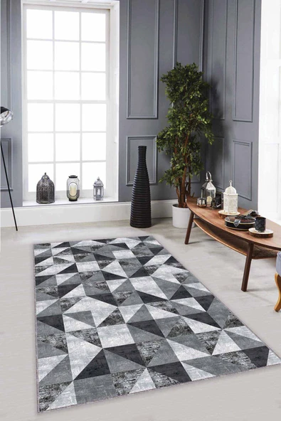 Gri Geometrik Kaymaz Tabanlı Makinede Yıkanabilir Halı PR03 ürün görseli 1