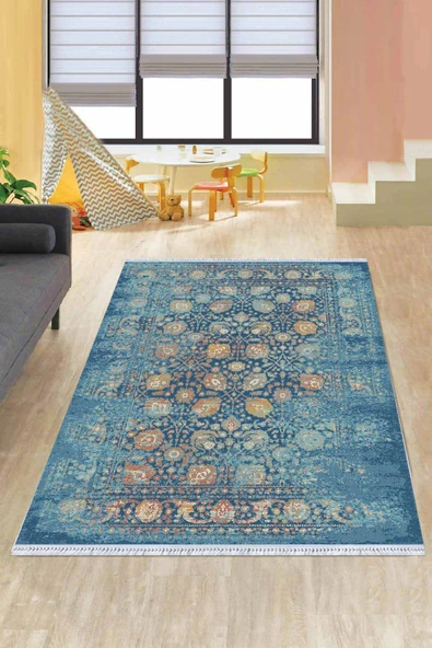 Mavi Modern Dokuma Pamuk Tabanlı Kaymaz Kilim KLM006 ürün görseli 1