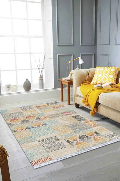 Sarı Patchwork Dokuma Pamuk Taban Kaymaz Kilim KLM054 ürün görseli 1
