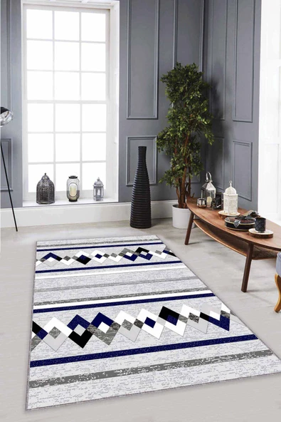 Lacivert Zigzag Kaymaz Taban Makinede Yıkanabilir Halı RT08 ürün görseli 1