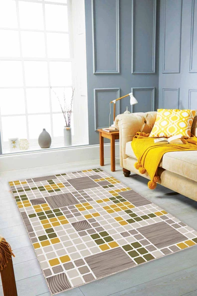 Yeşil Sarı Geometrik Kaymaz Tabanlı Dekoratif Halı PUZ05 ürün görseli 1