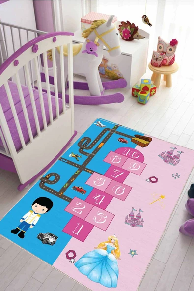 Pembe Mavi Kaymaz Tabanlı Yollu Seksekli Çocuk Halısı KD95 ürün görseli 1