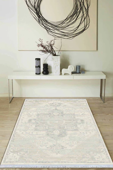 Ekru Vintage Dokuma Pamuk Tabanlı Kaymaz Kilim KLM369 ürün görseli 1