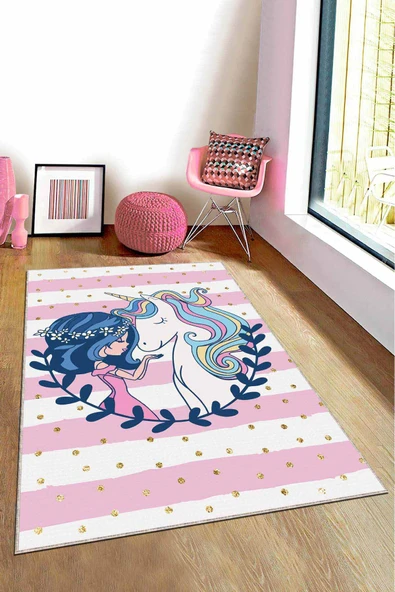 Pembe Kaymaz Tabanlı Unicorn Prensesli Çocuk Halısı AR782 ürün görseli 1