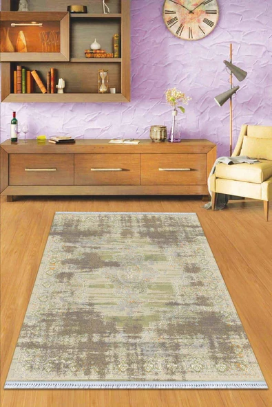 Yeşil Vintage Dokuma Pamuk Tabanlı Kaymaz Kilim KLM362 ürün görseli 1
