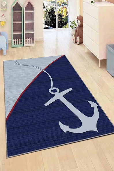 Lacivert Kaymaz Tabanlı Denizci Temalı Çocuk Halısı KD051 ürün görseli 1