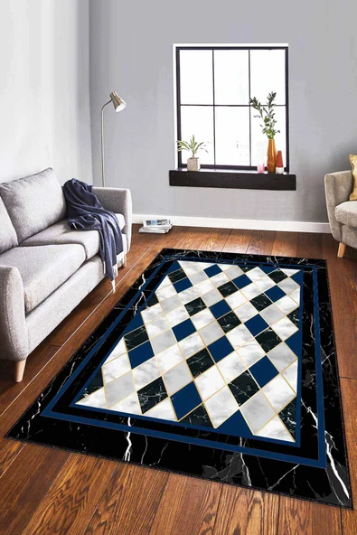 Lacivert Geometrik Kaymaz Tabanlı Dekoratif Halı RV142 ürün görseli 1