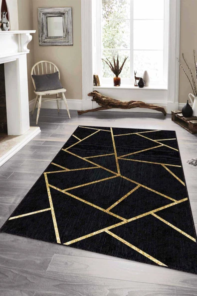 Siyah Gold Geometrik Kaymaz Tabanlı Dekoratif Halı RV161 ürün görseli 1