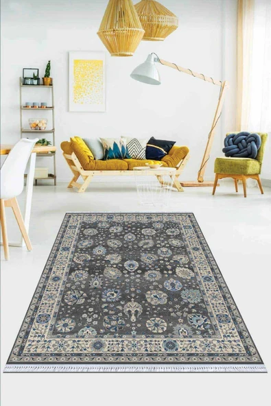 Gri Çerçeveli Dokuma Pamuk Tabanlı Kaymaz Kilim KLM203 ürün görseli 1