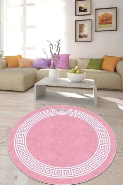 Pembe Çerçeveli Kaymaz Tabanlı Yuvarlak Halı Yolluk AR521 ürün görseli 1