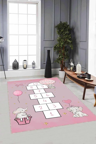 Pembe Kaymaz Tabanlı Seksekli Filli Çocuk Halısı AR1140 ürün görseli 1