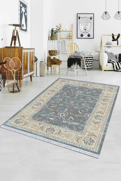 Mavi Çerçeveli Dokuma Pamuk Taban Kaymaz Kilim KLM172 ürün görseli 1