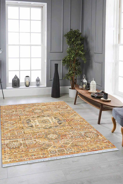 Sarı Vintage Dokuma Pamuk Tabanlı Kaymaz Kilim KLM251 ürün görseli 1