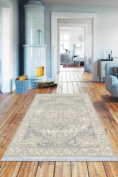 Gri Klasik Göbekli Dokuma Pamuk Taban Kaymaz Kilim KLM320 ürün görseli 1