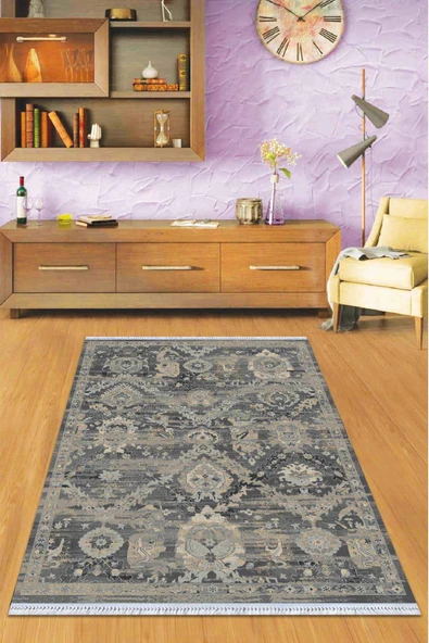Antrasit Vintage Dokuma Pamuk Taban Kaymaz Kilim KLM276 ürün görseli 1