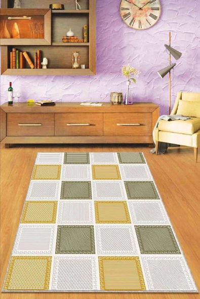 Sarı Yeşil Geometrik Kaymaz Tabanlı Dekoratif Halı DM005 ürün görseli 1