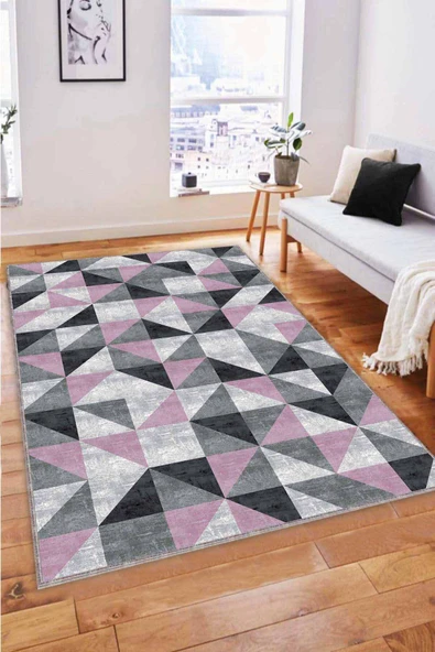 Pembe Geometrik Kaymaz Taban Makinede Yıkanabilir Halı PR06 ürün görseli 1