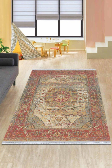 Pembe Klasik Göbekli Dokuma Pamuk Taban Kaymaz Kilim KLM027 ürün görseli 1