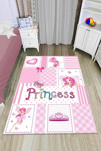 Pembe Kaymaz Tabanlı Yıkanır Prensesli Çocuk Halısı AR775 ürün görseli 1