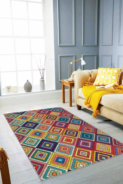 Çok Renkli Colorful Kaymaz Tabanlı Dekoratif Halı RV260 ürün görseli 1