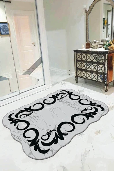 Gri Otantik Desen Kaymaz Tabanlı Lazer Kesim Halı AR099 ürün görseli 1