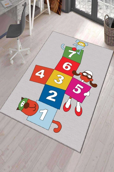 Çok Renkli Kaymaz Tabanlı Yıkanır Seksekli Çocuk Halısı KD38 ürün görseli 1