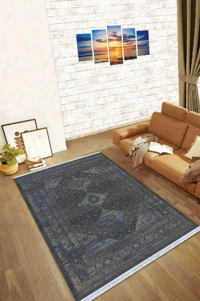 Füme Vintage Dokuma Pamuk Tabanlı Kaymaz Kilim KLM169 ürün görseli 1