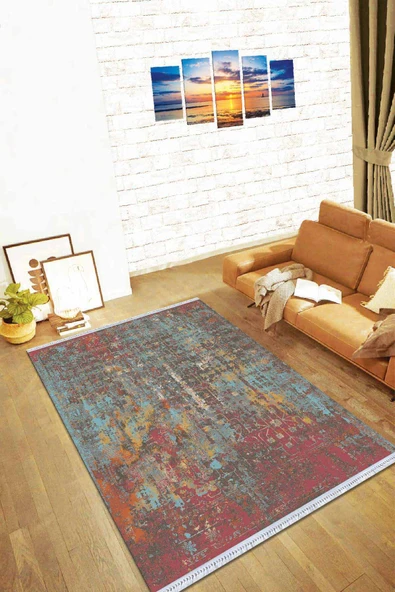Çok Renkli Vintage Dokuma Pamuk Taban Kaymaz Kilim KLM118 ürün görseli 1