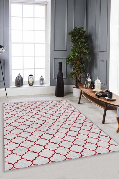 Bordo Fas Desen Kaymaz Taban Makinede Yıkanabilir Halı FS08 ürün görseli 1