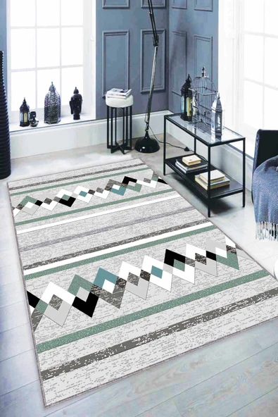 Turkuaz Zigzag Kaymaz Tabanlı Makinede Yıkanabilir Halı RT03 ürün görseli 1