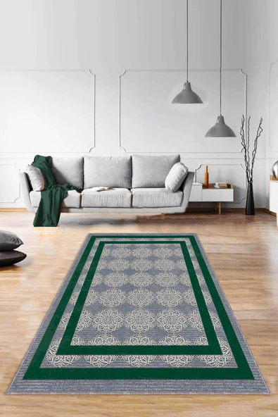Yeşil Çerçeveli Kaymaz Taban Makinede Yıkanabilir Halı RV088 ürün görseli 1