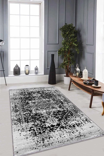 Siyah Vintage Kaymaz Tabanlı Makinede Yıkanabilir Halı RV299 ürün görseli 1