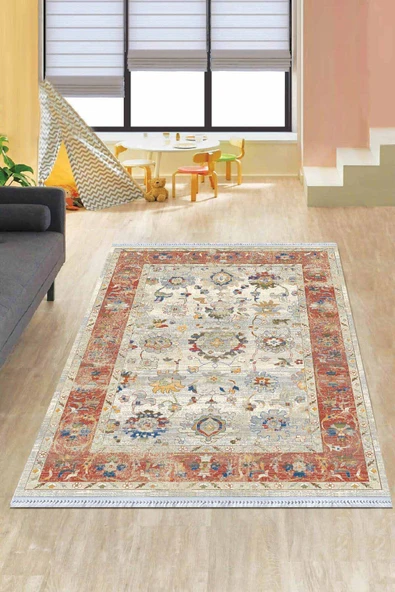 Pembe Çerçeveli Dokuma Pamuk Taban Kaymaz Kilim KLM194 ürün görseli 1