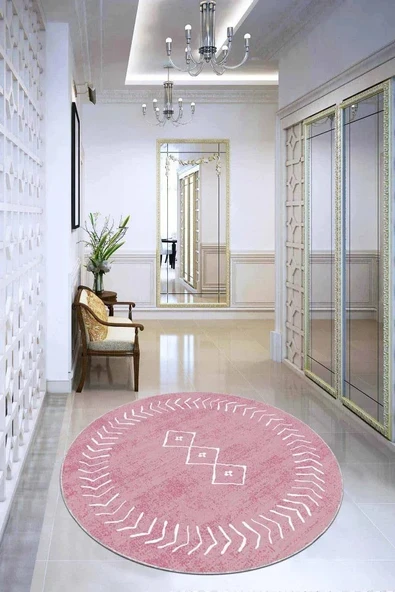 Pembe Moroccan Kaymaz Taban Yıkanabilir Yuvarlak Halı AR411 ürün görseli 1