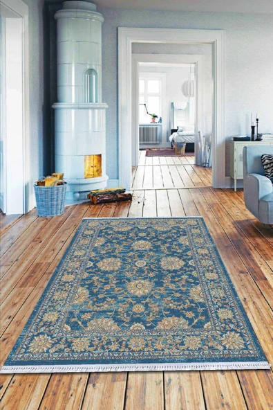 Mavi Modern Dokuma Pamuk Tabanlı Kaymaz Kilim KLM017 ürün görseli 1