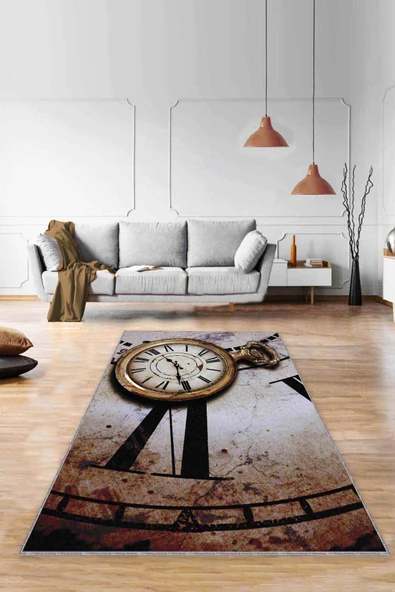 Bej Zaman Eski Saat 3D Kaymaz Tabanlı Dekoratif Halı RV360 ürün görseli 1