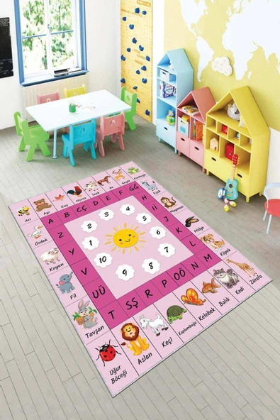 Pembe Kaymaz Tabanlı Eğitici Harfli Çocuk Halısı AR241 ürün görseli 1