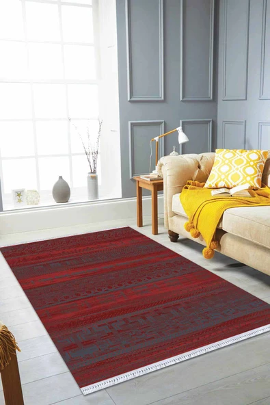 Bordo Yöresel Dokuma Pamuk Tabanlı Kaymaz Kilim KLM376 ürün görseli 1