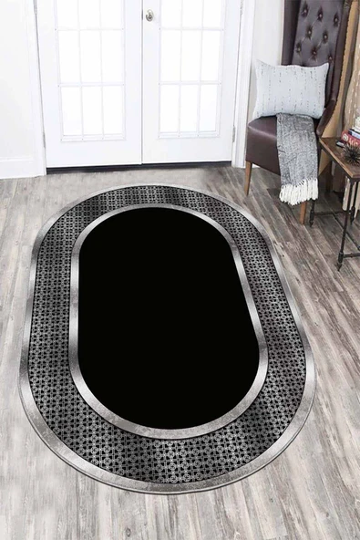 Siyah Silver Çerçeveli Kaymaz Tabanlı Antre Oval Halı AR986 ürün görseli 1
