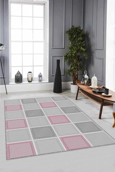 Pembe Geometrik Kaymaz Taban Makinede Yıkanabilir Halı DM09 ürün görseli 1