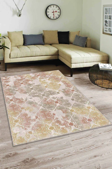 Yeşil Sarı Damask Desen Kaymaz Tabanlı Dekoratif Halı AL007 ürün görseli 1