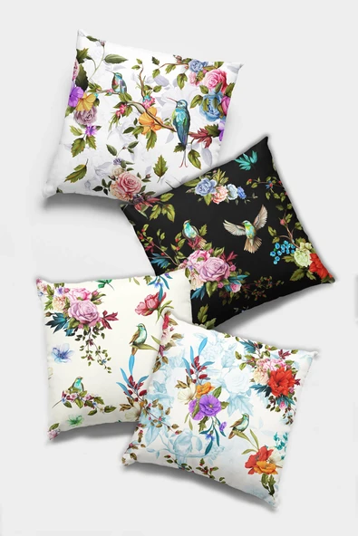 Çok Renkli Kuşlu Çift Taraflı 4'lü Set Kırlent Kılıfı 4KR002 ürün görseli 1